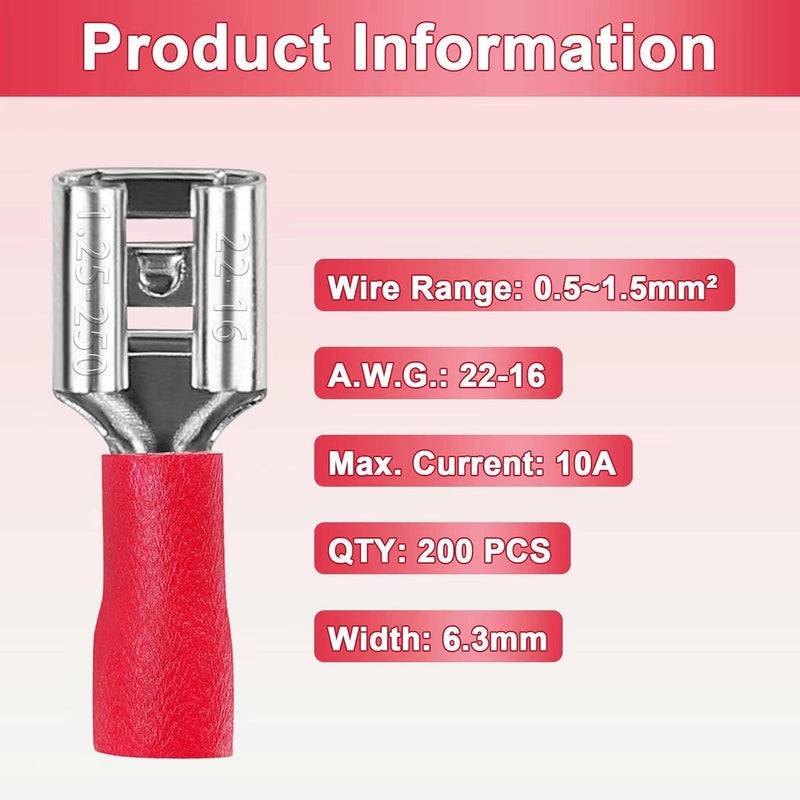 PRECIHW 200 Pcs Red Female Quick disconnects Vinyl Insulated Spade Wire Connectors, Electrical Crimp Terminal 22-16 AWG (6.3mm) - Image 4